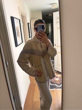 Vintage SMH Suede Leather Western Boho Crochet Lace Patchwork Jacket Beige L
